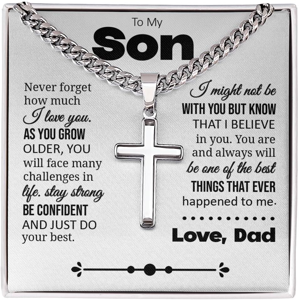 To My Son Gift, Cuban Chain with Cross Necklace, Sentimental Jewelry from Dad, Thoughtful Keepsake for Son, Inspirational Jewelry Message Card with Gift Box