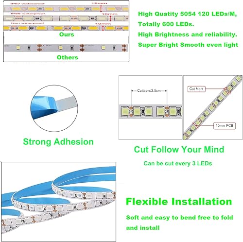 Miniatura 7 de HAASHADA Tiras de luces LED, súper brillantes DC12V 5m16.4ft 15000LM SMD5054 (5050 actualizado) 600 luces LED, tiras de cinta LED flexibles