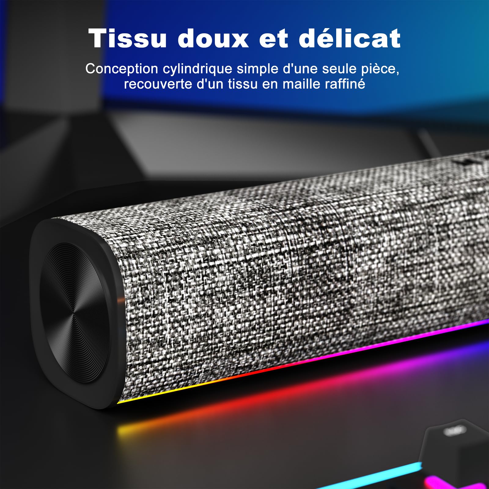 SOULION R100 Enceinte PC, Bluetooth Barre de Son PC avec Synchronisation/Affichage Audio-Lumière, pour PC, Tablette, Smartphone, 42 x 6 x 6cm (Alimenté par USB)