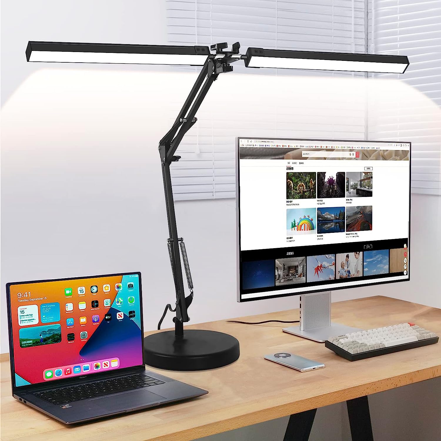 HcosmyLED Desk Lamp Double Head, Swing Arm Desk Lamps for Home Office, 24W Architect LED Table Lamp, 3 Lighting 10 Brightness Adjustable Desk Lamp for Read/Relax/Work