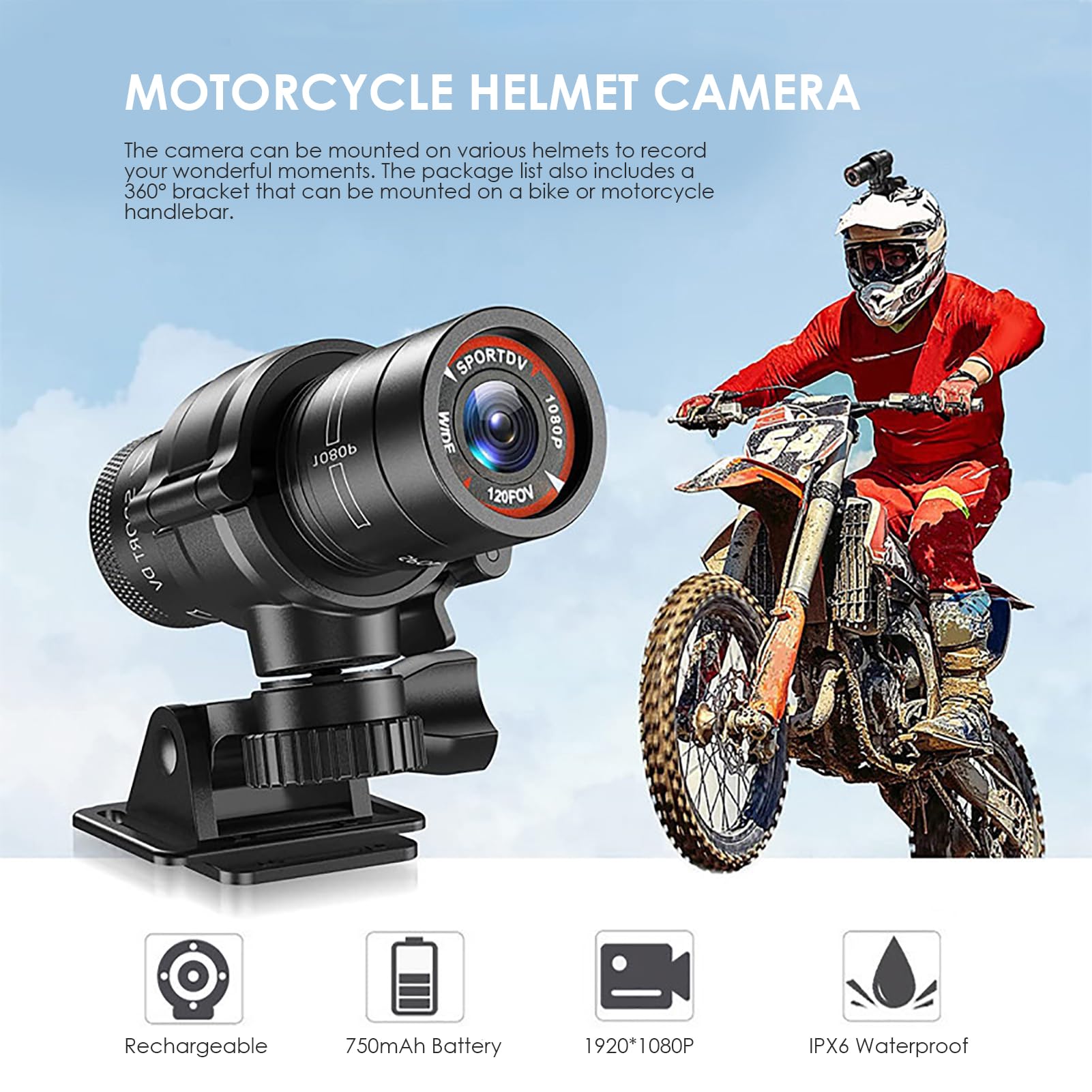 Yunseity Videocamera per Casco da Bicicletta per Moto HD 1080P, Videocamera per Azione Sportiva Grandangolare 120° Microfono Incorporato Impermeabile con Staffa e Cinturino per Casco