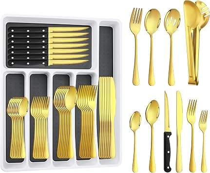 53PCS Gold Silverware Set for 8 with Flatware Drawer Organizer, Stainless Steel Cutlery Set with Steak Knives, Include Spoons and Forks Set & Serving Utensils, Mirror Polished, Dishwasher Safe