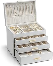 Vlando Large Capacity Jewelry Box, 4 Tiers, Drawer, Trinket Storage, Accessory Storage, Earrings, Watches, Storage Case (White)