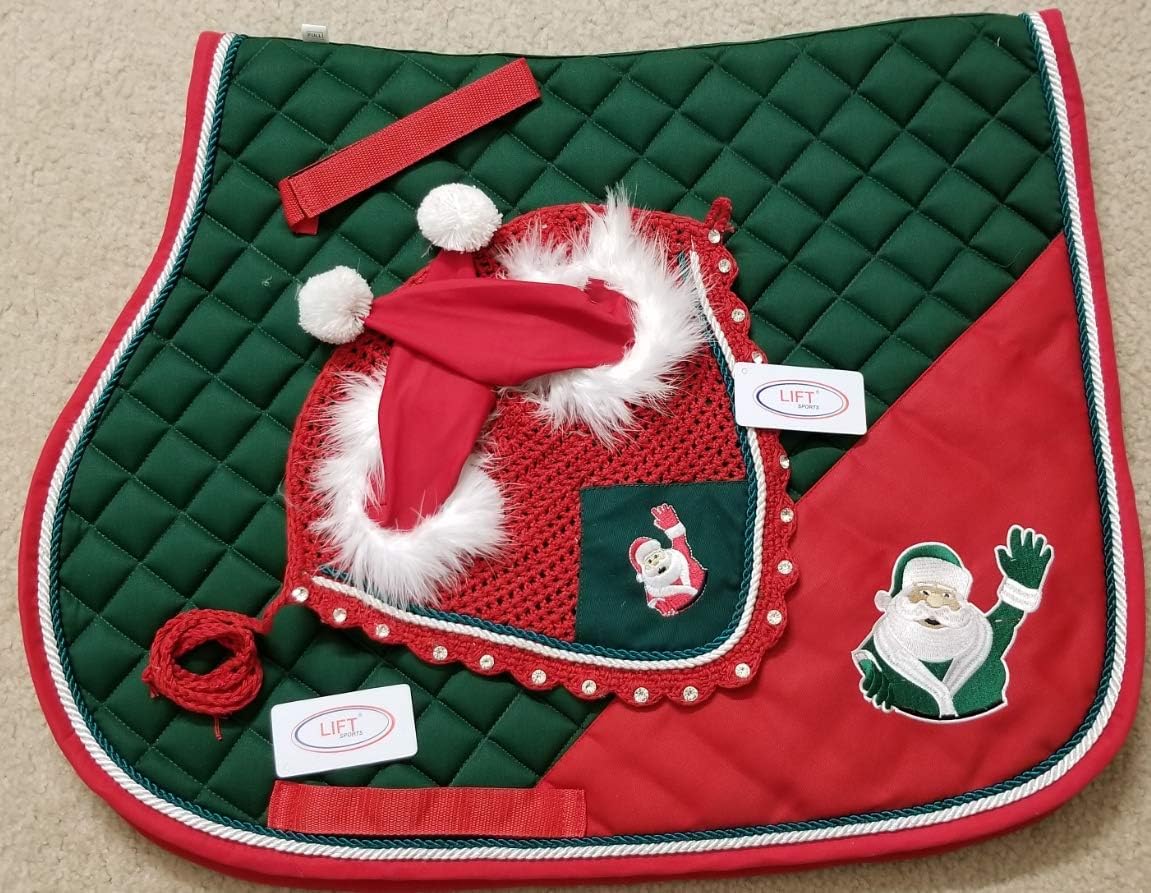 Horse Christmas Santa Claus Saddle PAD Set with Matching Fly Bonnet Ear NET Cotton Hand Made Crochet Fly Veil Hood MASK Equestrian Shows Breathable Cotton (Full/Horse)