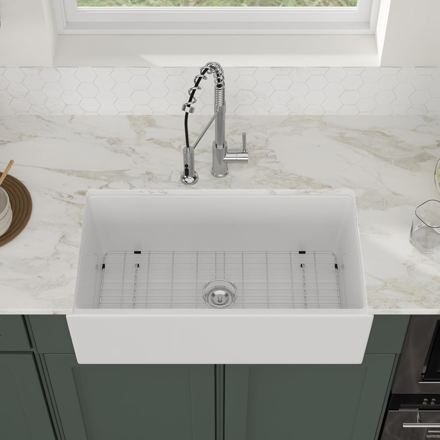 Logmey 36 Inch White Farmhouse Apron Front Kitchen Sink 36 x 20 x 10 Inch Single Bowl Undermount White Fireclay Ceramic Farm Sink for Countryside Classic Style