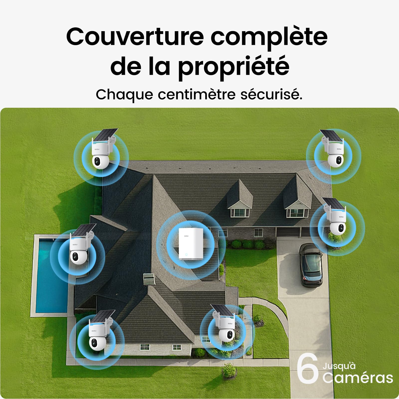 AOSU 4K D1 Max Caméra Surveillance WiFi Extérieure Sans Fil Solaire, 8MP UHD Kit 6 Caméras + aosuBase 2.0, Extensible à 1 to, 360° Pan/Tilt Suivi Automatique Détection PIR + IA Vision Nocturne Couleur
