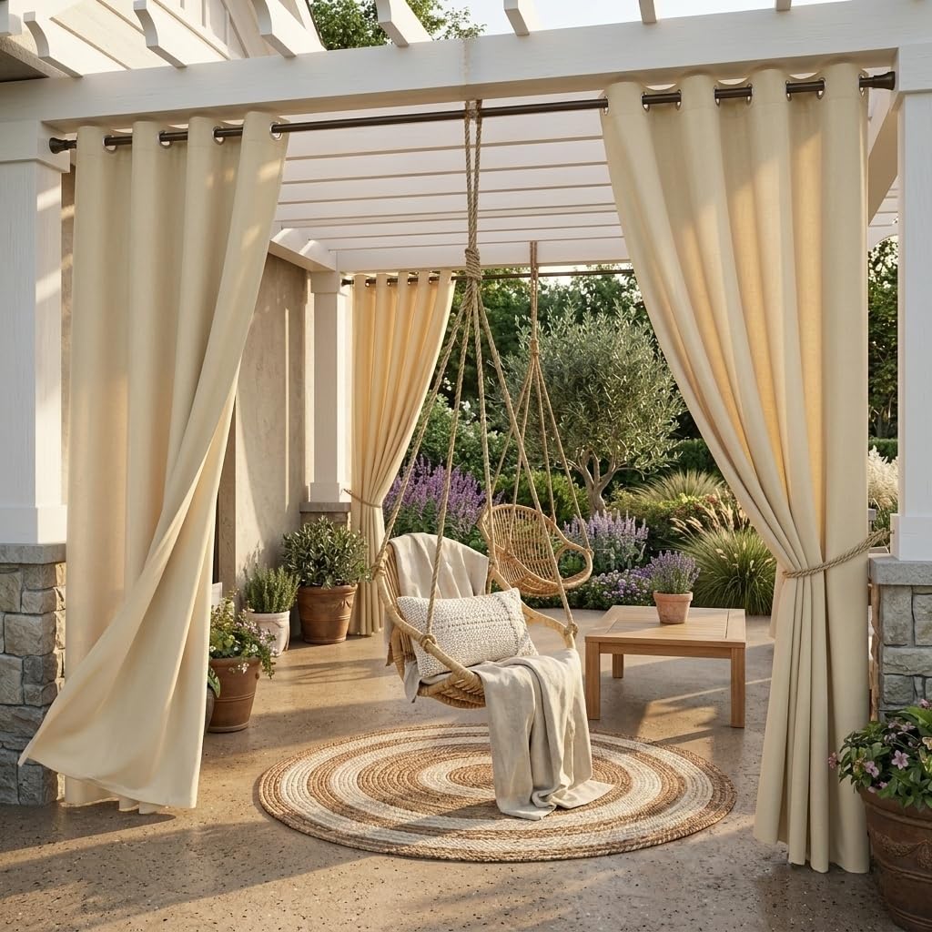 Pergola Outdoor Privacy Curtains Panels - Blackout Outdoor Curtains Rust Grommet Top Mildew Resistant Water & Wind Repellent for Patio / Balcony / Front Porch, Cream Beige, Wide 52 x Long 84, 1 Pc-image-43