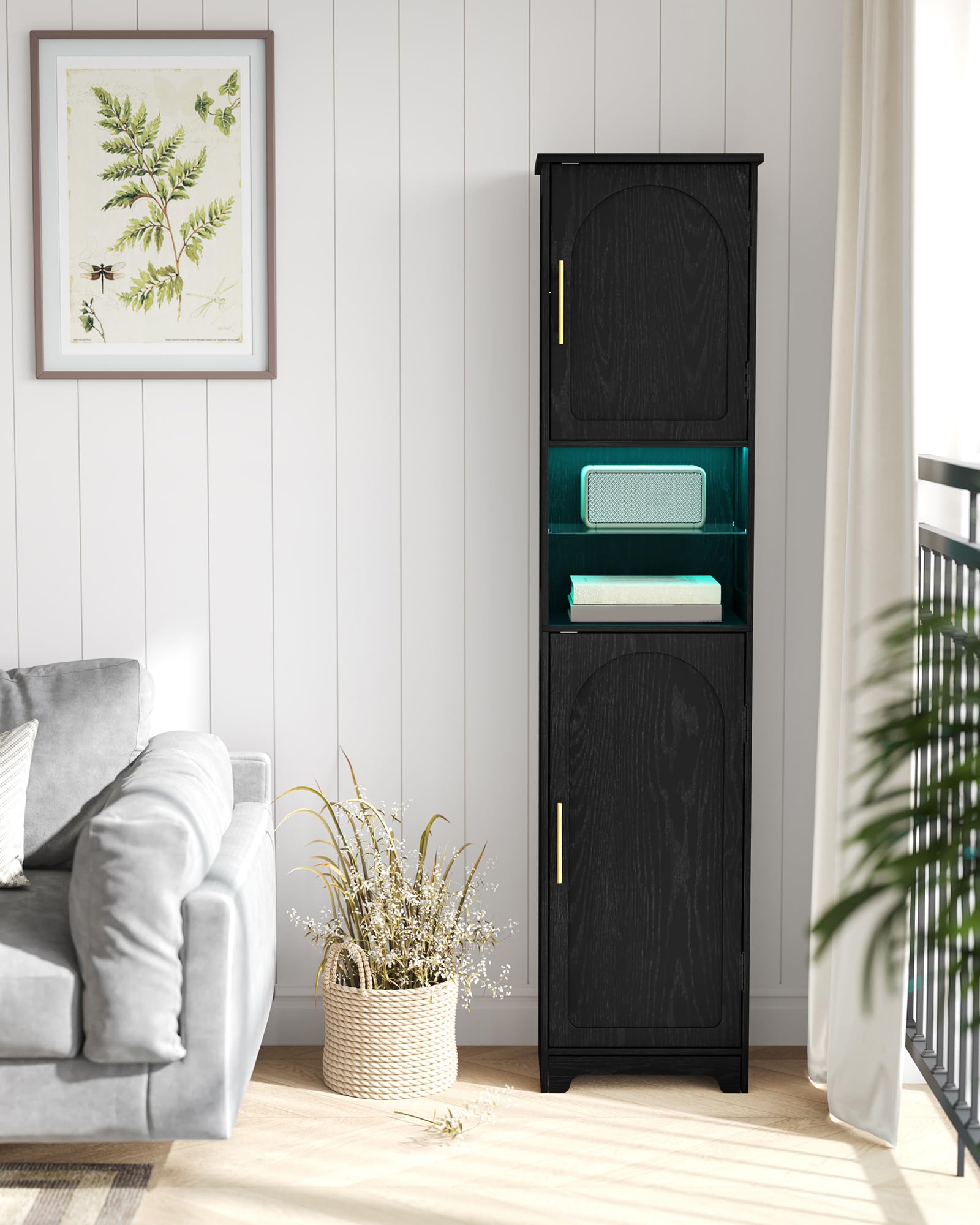 Hzuaneri Armario Alto de Baño con iluminación LED Regulable y 2 Puertas, Mueble Alto con Espacio Abierto, estantes Regulables, salón, baño, 30 x 40 x 170 cm, Negro SC28204X