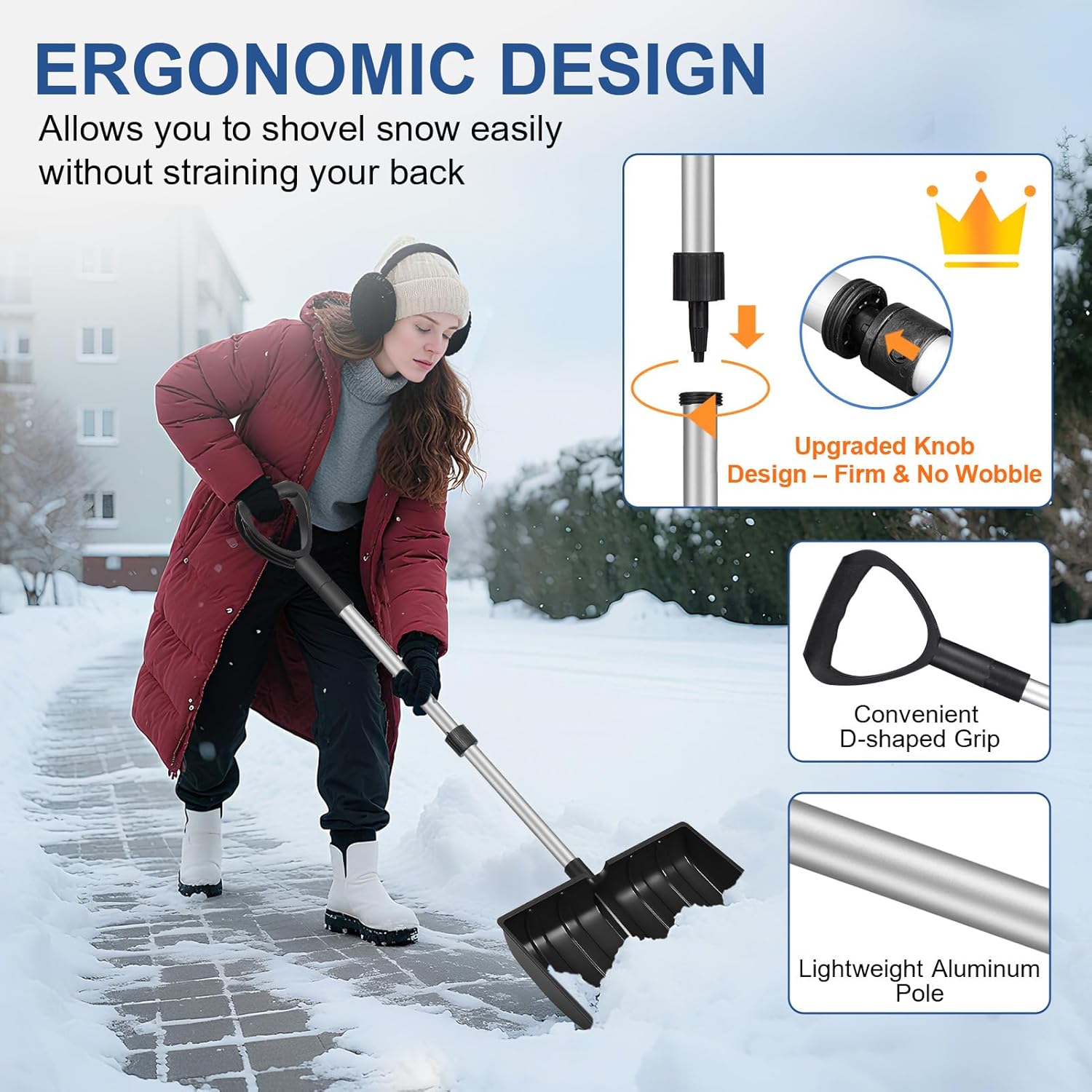 Ergonomic Large Snow Shovel for Driveway: 48-Inch Dual-Lock Knob Anti-Wobble Handle, 16" Plastic Blade w/Metal Edge, Ultra-Light 1.9 lb, Portable Aluminum Shaft, Car, Camping & Emergency, Black