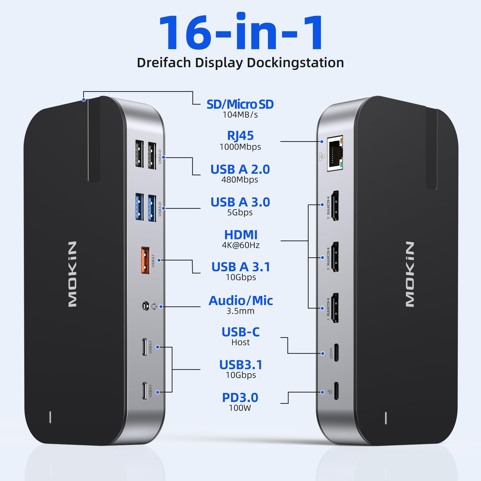 USB C Docking Station 3 HDMI, 16 in 1 Docking station zwei Monitor, Laptop Docking station drei Displays mit USB A/C 3.1, USB 3.0/2.0, 100 W PD, Ethernet, Audio&Mikrofon, SD&MicroSD für Lenovo MacBook