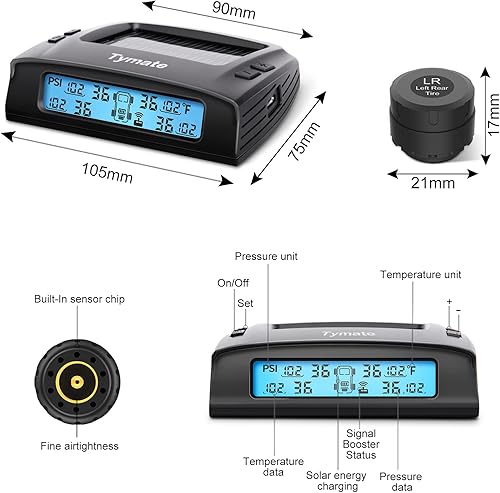 Miniatura 7 de Sistema Tymate de monitoreo de presión de neumáticos para RV - Sistema de monitor de presión de neumáticos M7-3 TPMS (0-87 PSI) con cargador solar