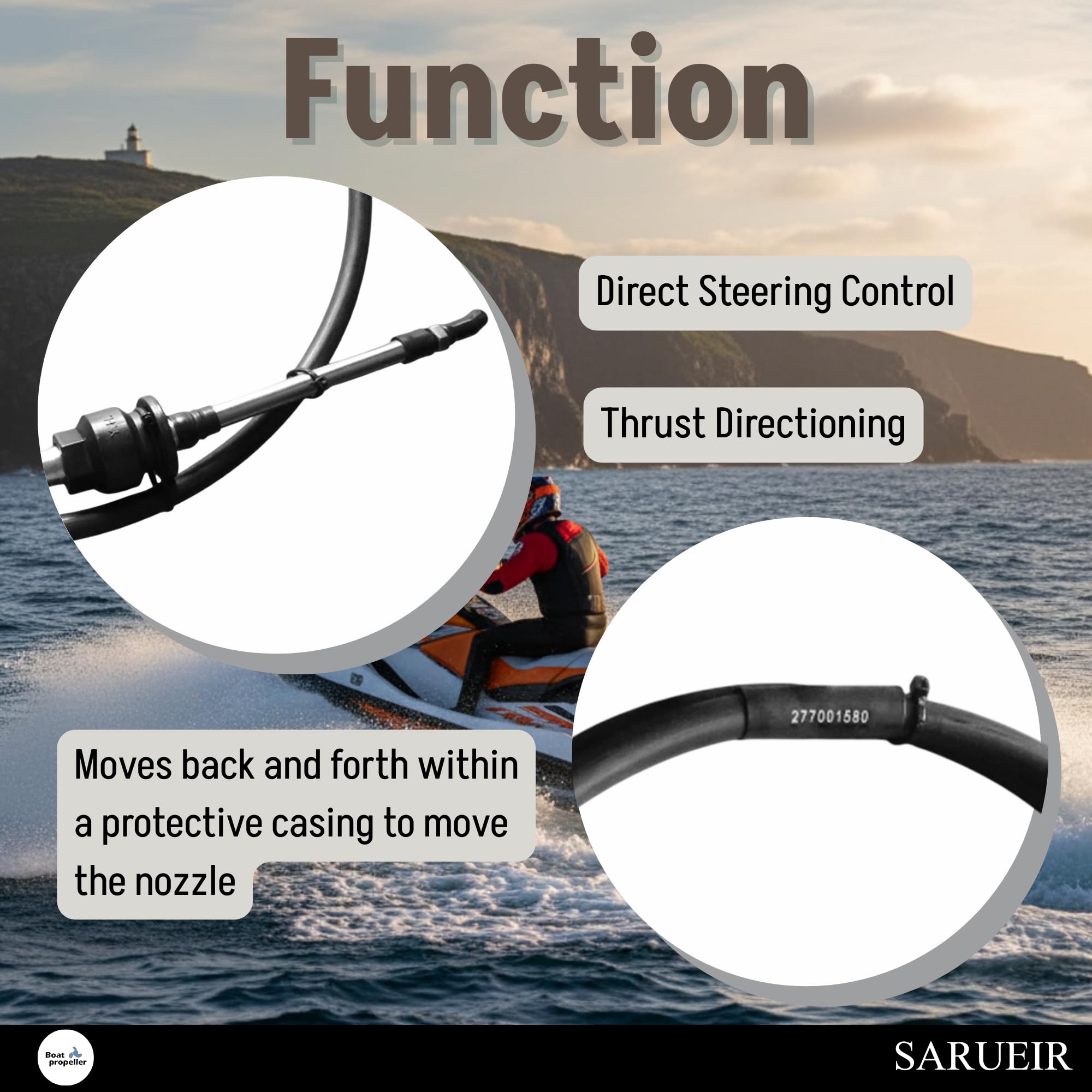 Cable de dirección 277001580 compatible con PWC SEADOO GTI 130/GTI SE 155/RXP-X 255 y RS/RXP 215/Wake 155 (longitud total alrededor de 221 cm)