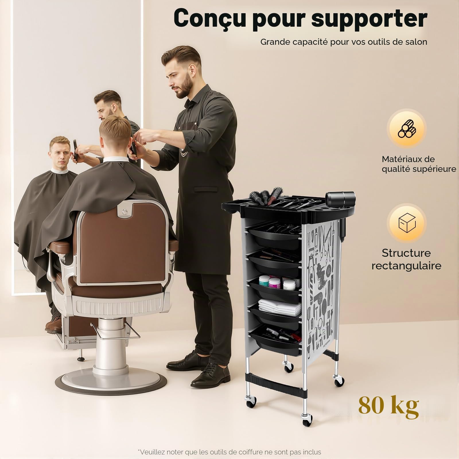 Chariot de salon avec 5 tiroirs et roulettes, chariot de salon pour styliste, coiffeur, SPA, jusqu'à 20 kg par tiroir, blanc