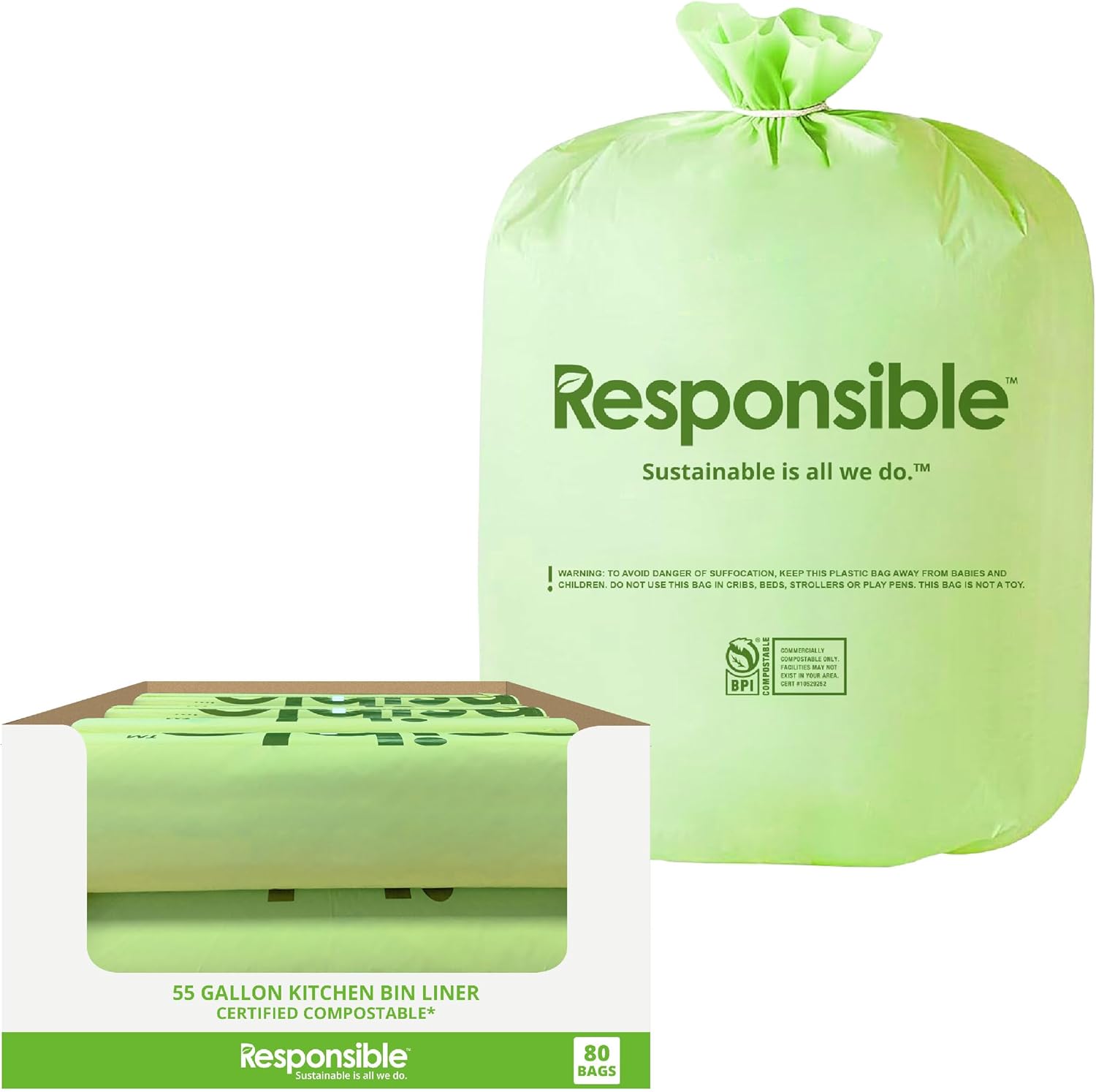 Compostable Tall Kitchen Trash Bags 55 Gallon - Heavy Duty Multipurpose Bin Liners for Food Scraps, Yard Waste & Compost (80 Count)