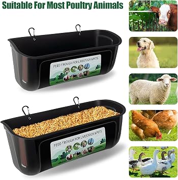 2 PCS Hanging Poultry Feed Trough, Chicken Trough Feeder Hanging Fence Feeder with Clips Goat Feeders Large Capacity for Chickens Ducks Geese Farm Animals (Black)