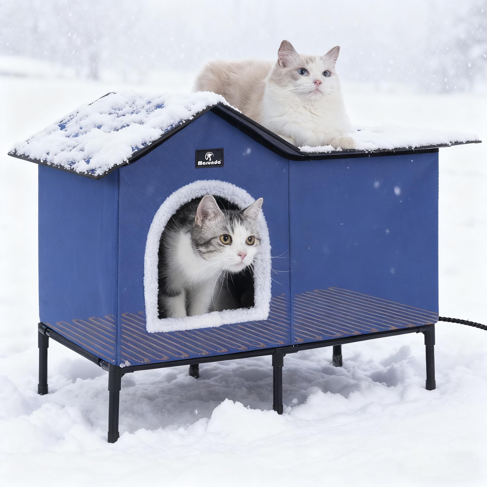 Large Heated Cat Houses for Outdoor Cats in Winter, Heated cat House for Indoor and Kitty Shelter for Your Pet to Stay Warm and Cozy,Easy to Assemble. (Dark Blue, Large)