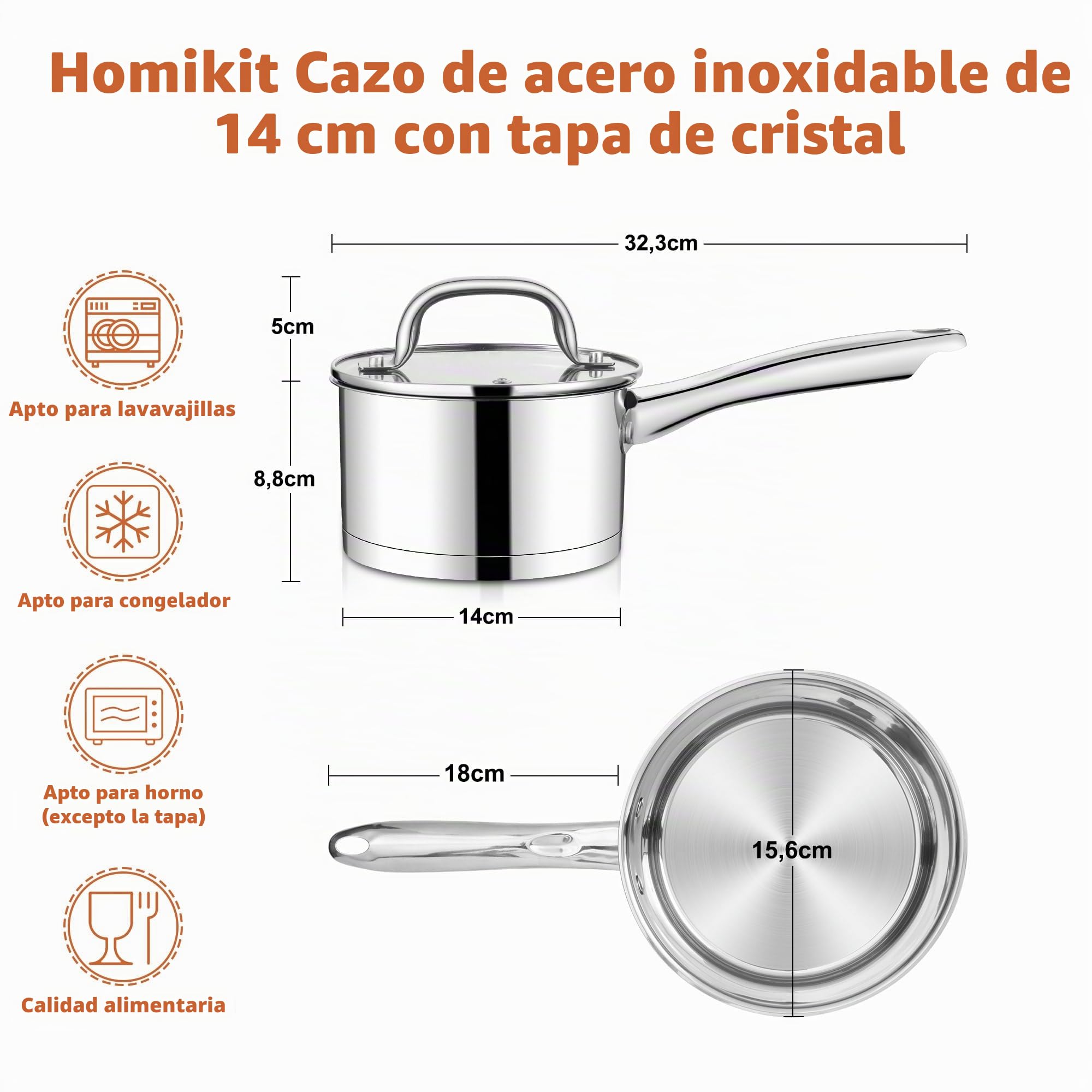 Homikit Cacerola pequeña de acero inoxidable de 14 cm, 3 capas | 0,95 L olla de inducción para porciones pequeñas, sin pintar y apta para lavavajillas