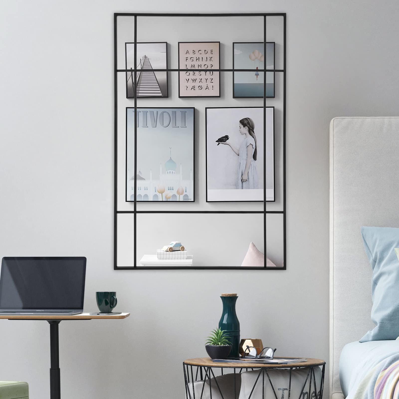 Muzilife Specchio da Parete Nero con Cornice in Metallo, 90x60 cm Specchio Decorativo Rettangolare per Camera da Letto, Sala da Pranzo, Corridoio, Bagno, Appendibile o Appoggiato alla Parete