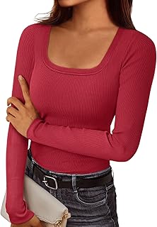 AUTOMET Womens Long Sleeve Shirts Scoop Neck Tops Ribbed Knit Fitted Casual Basic Tees Slim Fit Fall Outfits Fashion Clothes