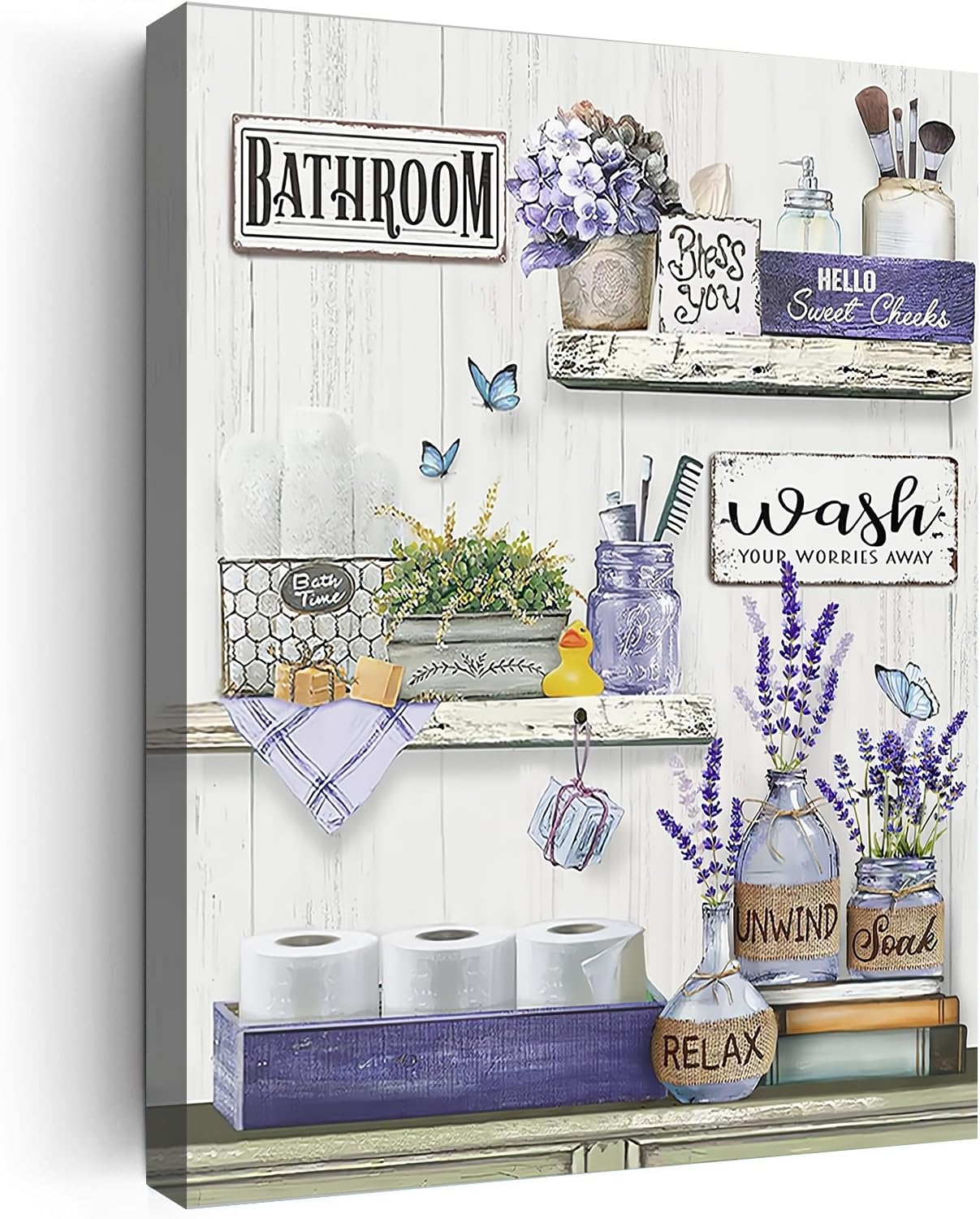 UUENPIH Bathroom Wall Art Prints Relax Soak Unwind Sign Wall Decor Vintage Flower Jars Canvas Wall Art Purple Farmhouse Bathroom Artwork Painting Home