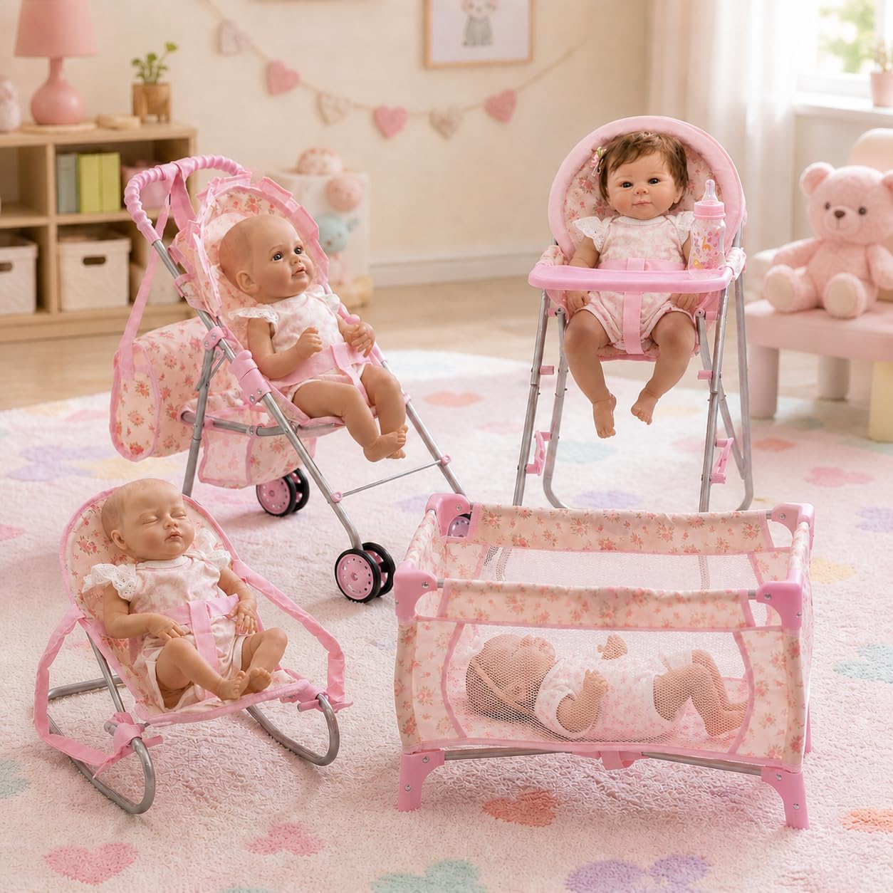 Baby Doll Stroller Bed and Seat Nursery Playset, Baby Doll Accessories Set High Chair Diaper Bag Role Play Deluxe Baby Doll Floral Set