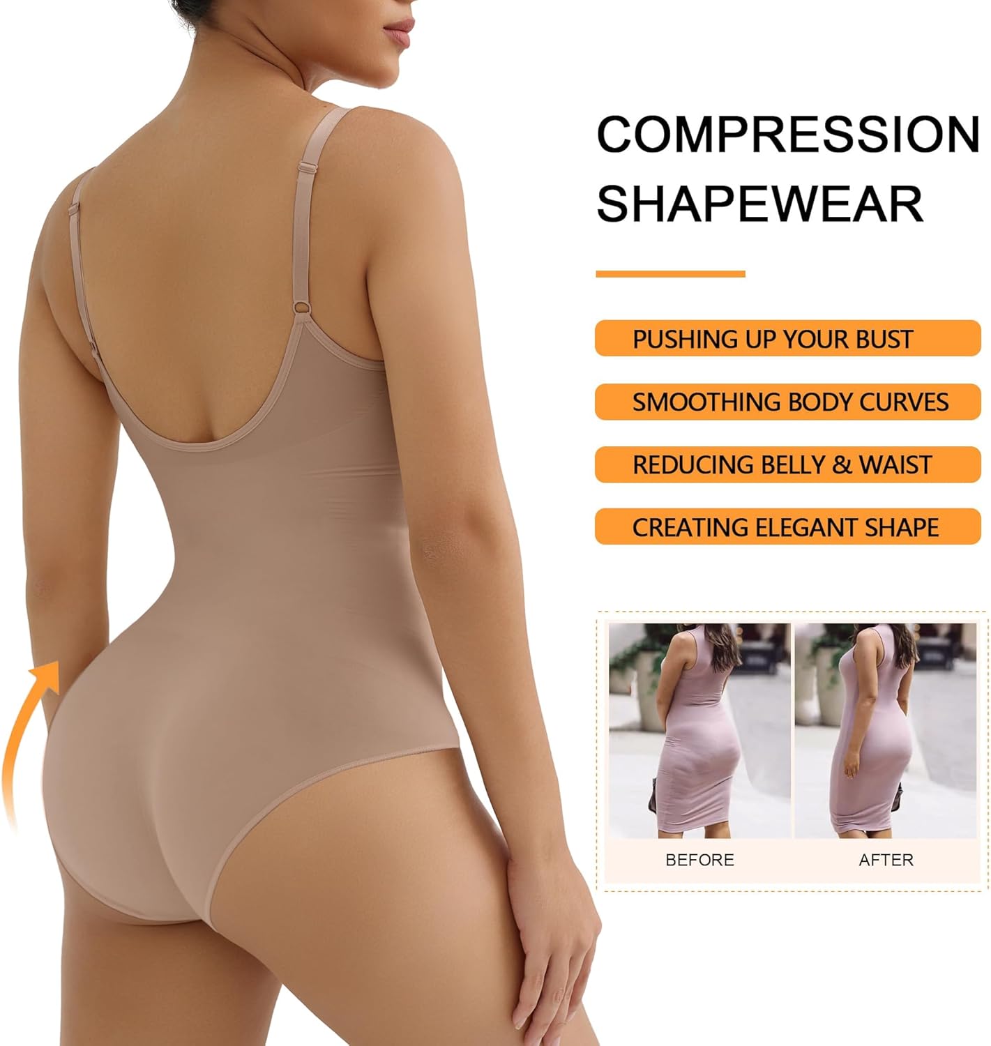 SHAPERX Women's Seamless Shapewear Tummy Control Bodysuit with Removable Pads Mid Thigh Body Shaper - Image 4