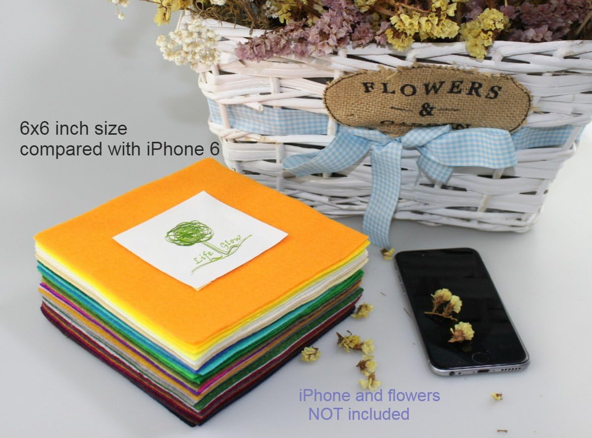 LifeGlow 42Pcs 1.5mm Thick DIY Polyester Soft Felt Fabric Squares Sheets Felt Pack Assorted Colors Sewing Nonwoven Patchwork 6x6 inch (15x15cm) for Crafts