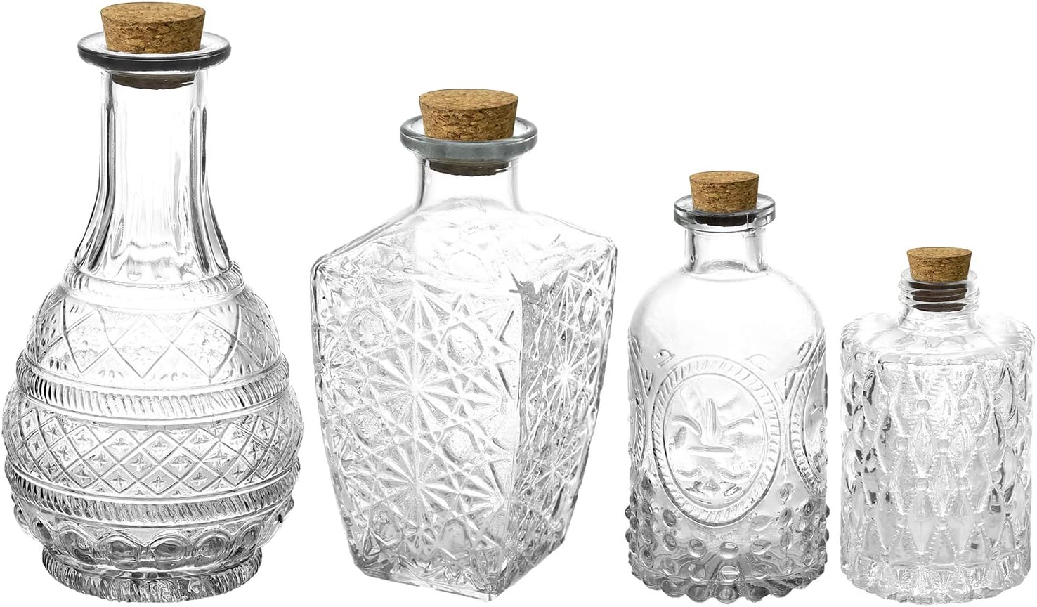MyGift Vintage Embossed Various Sizes Clear Glass Bottle Apothecary Flower Bud Vases with Cork Lids, Set of 4 : Home & Kitchen