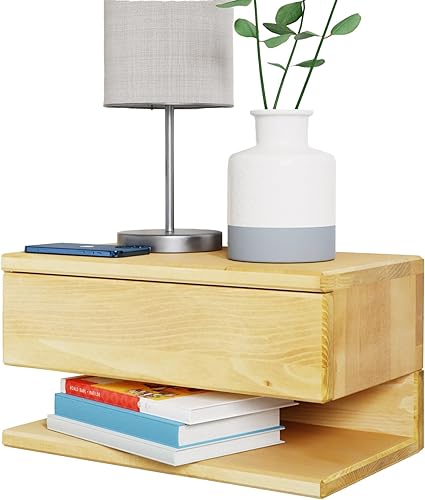 WOODCHES Floating Nightstand Side Accent or End Table with Storage Drawer, Wood Bedside Shelf, Handmade Floating Table (MADRID)