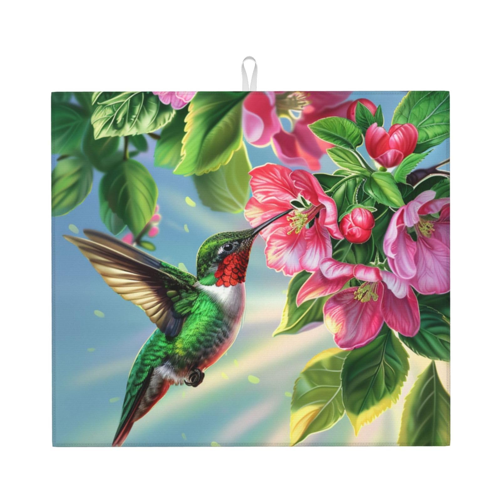 Dish Drying Mat for Kitchen Counter, Hummingbirds and Flowers Floral Plant Nature Super Absorbent Dish Rack Mats with Hanging Loop, 16 X 18 Inch