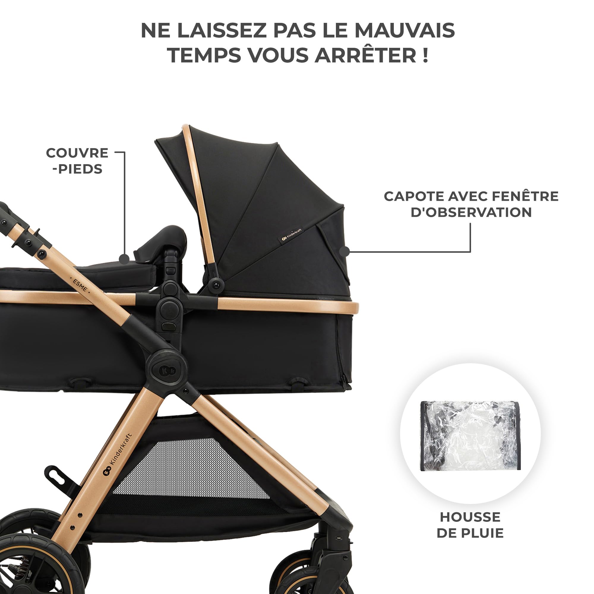 Kinderkraft ESME Poussette 3 en 1 avec porte-bébé Mink PRO I-Size, système de voyage, poussette bébé, poussette pliable, pour nouveau-né jusqu'à 4 ans, Noir