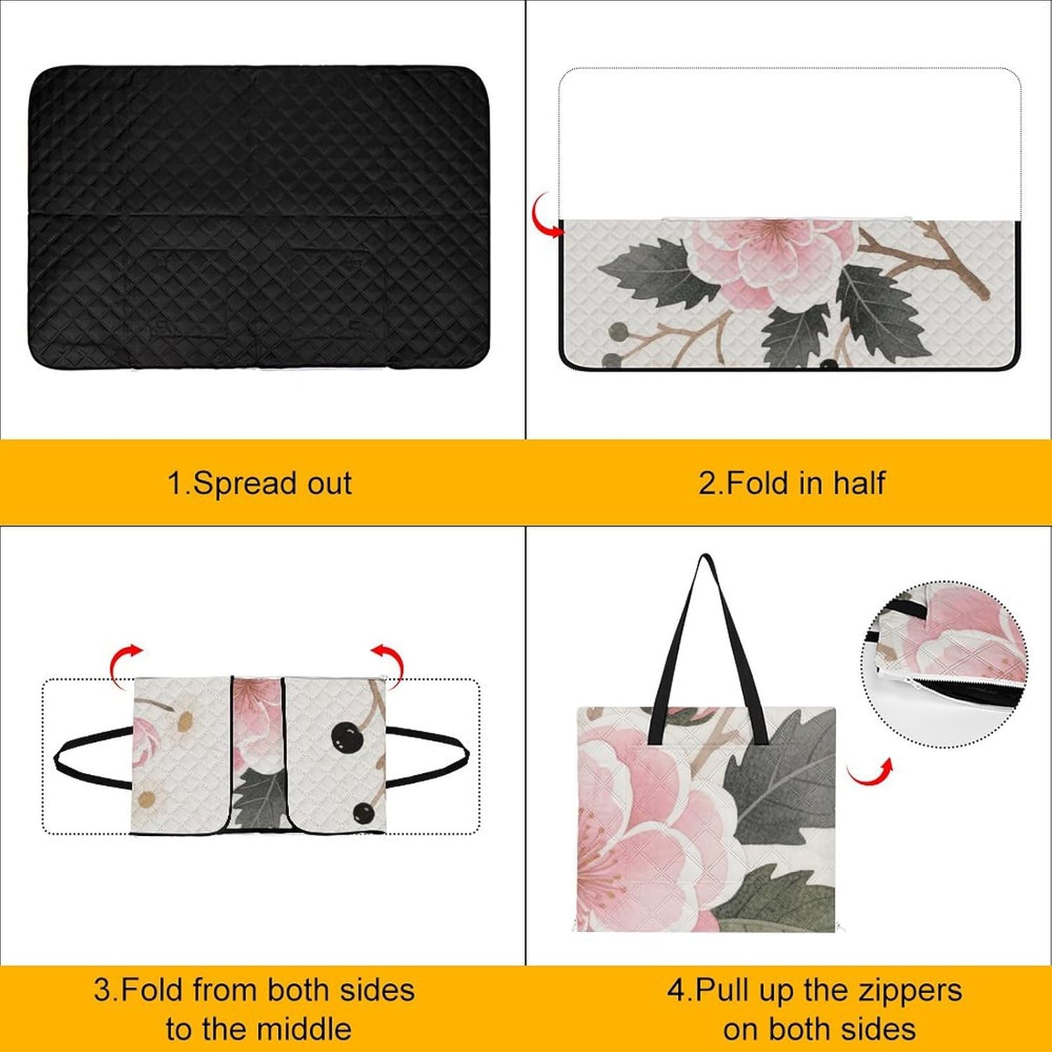 Vintage Peach Pink Floral Picnic Blanket 150x100cm, Foldable 2-in-1 Picnic Mat and Tote Bag Portable Waterproof Beach Mat Sandproof Outdoor Blanket for Park, Hiking, Beach, Camping, Travel