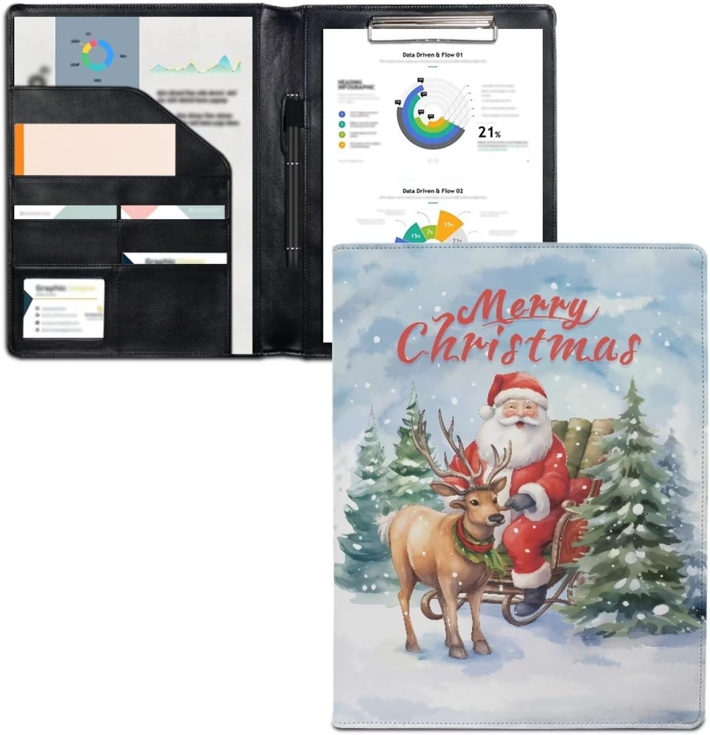 HUIACONG Merry Christmas Leather Portfolio Folder Santa Claus Elk Resume Folder Letter/A4 Size Writing Pad Holder & Office Conference Notepad Clipboard Folder