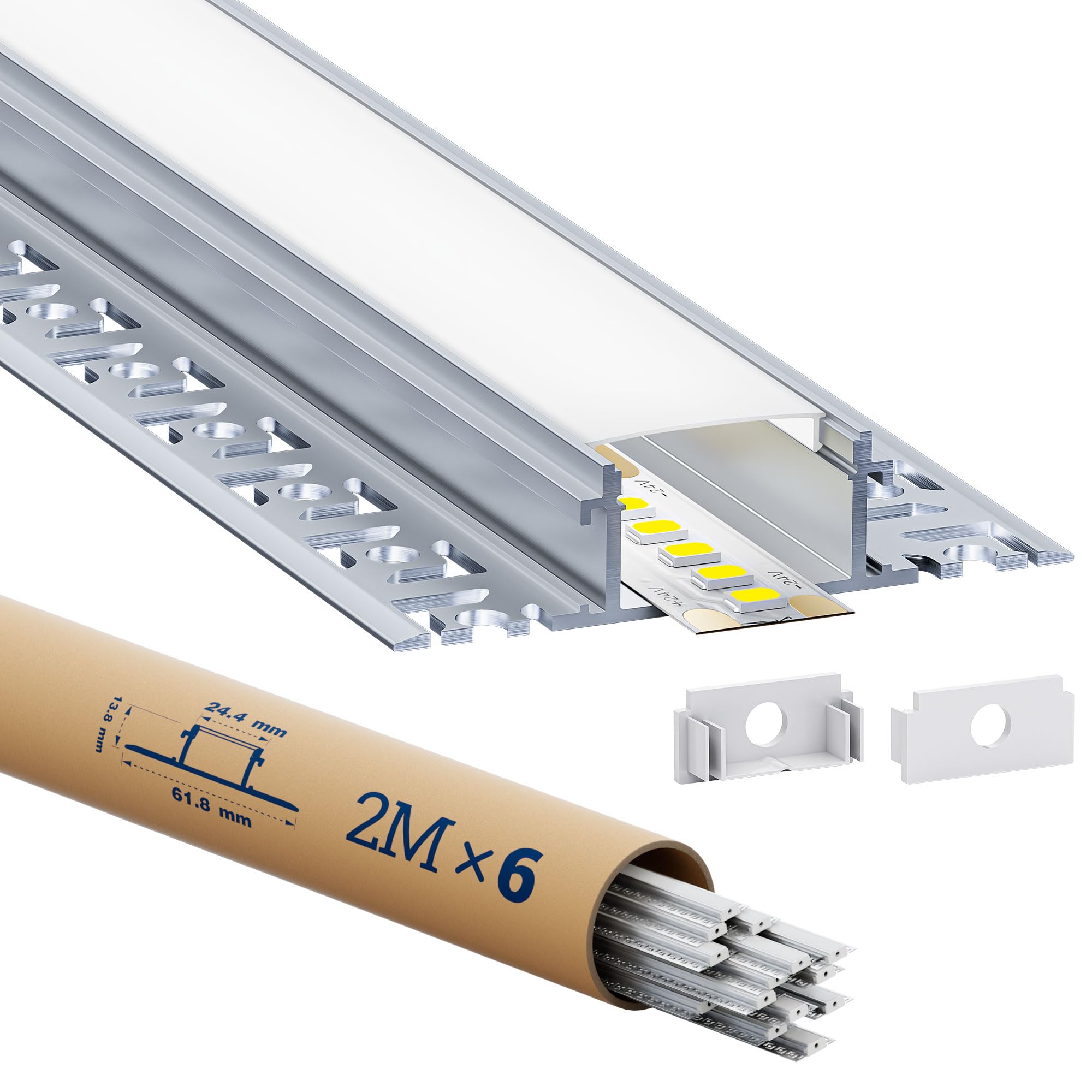 Shine Plus Profili per Strisce LED 6 pz x 2 m Con coperchio in PC opaco Profilo Dimensioni 24,4mm (alette 61,8mm) x 12,8mm Supporta la larghezza massima della striscia LED 20mm