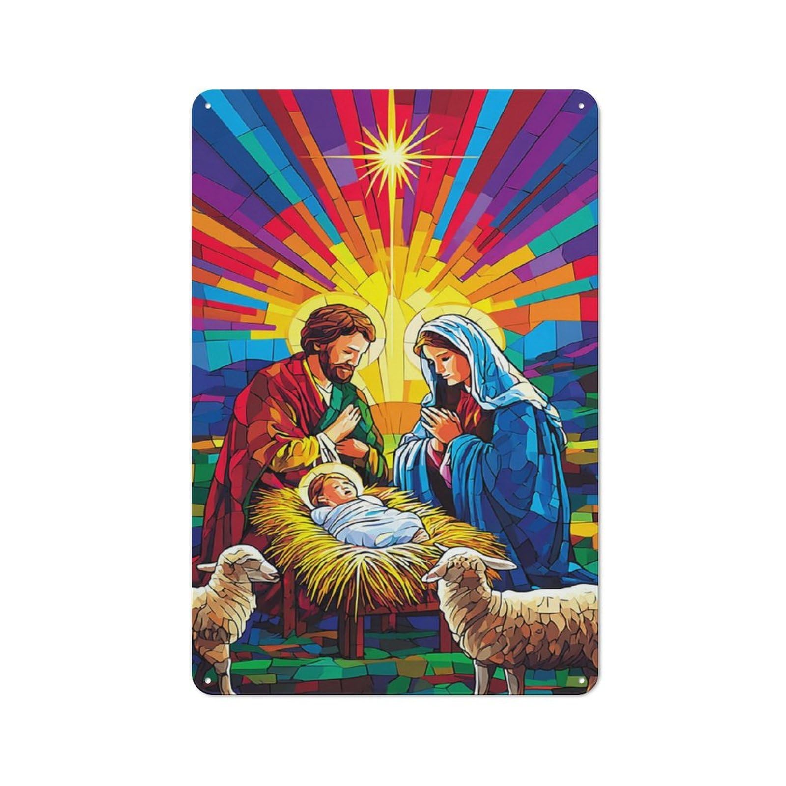 Junmoney Christmas Nativity Scene Artwork -1 Metal Wall Sign 30X20cm Featuring For Pub Or Café, For Pub Decor Enthusiasts, For Retro Home Interiors