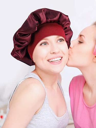 Miniatura 5 de Blulu Gorro de satén para dormir de 3 piezas, turbantes de pelo suave para mujeres y niñas (color plateado, rojo vino, azul rey)