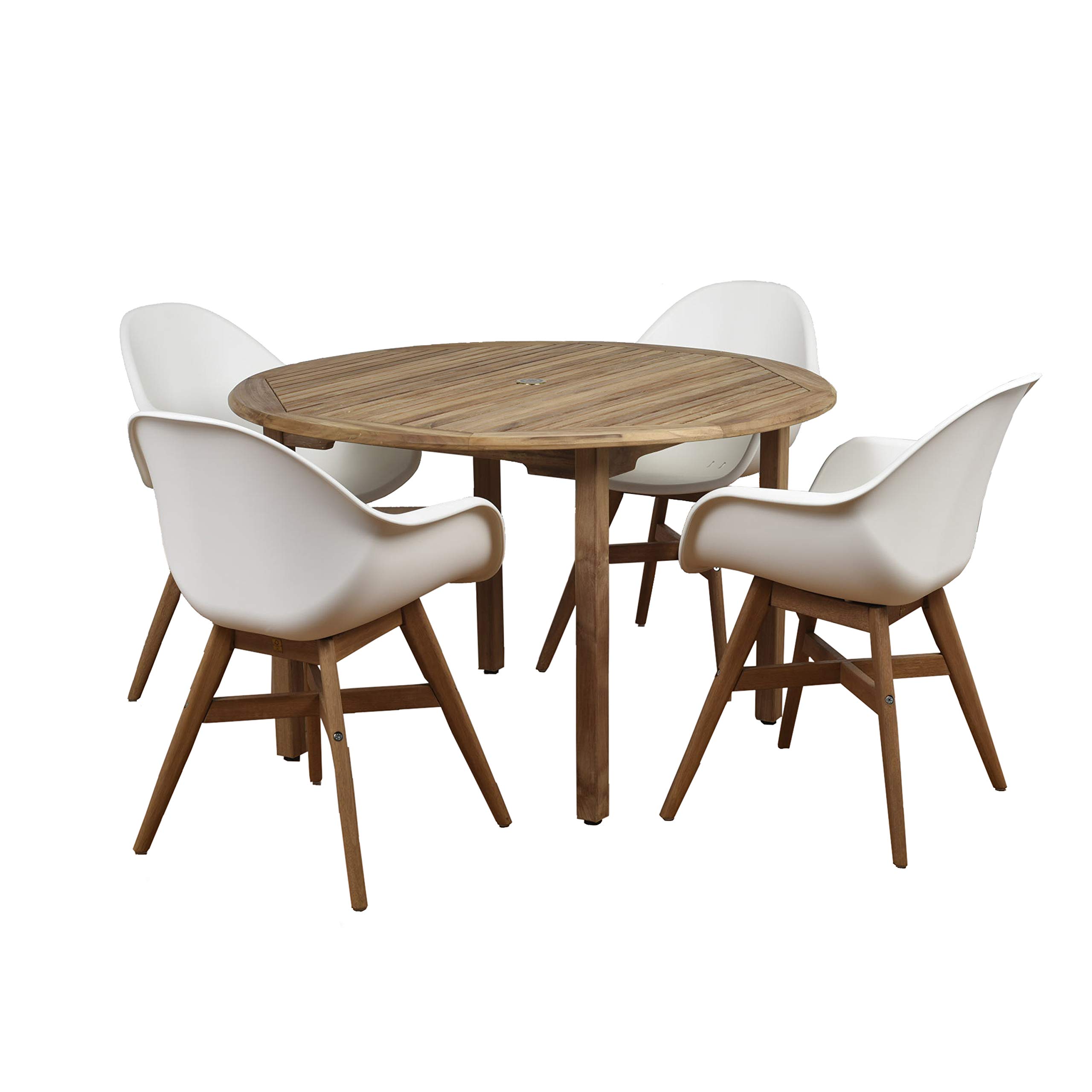 Brampton 5 Piece Outdoor Teak Round Dining Set | Perfect for Patio | with White Chairs