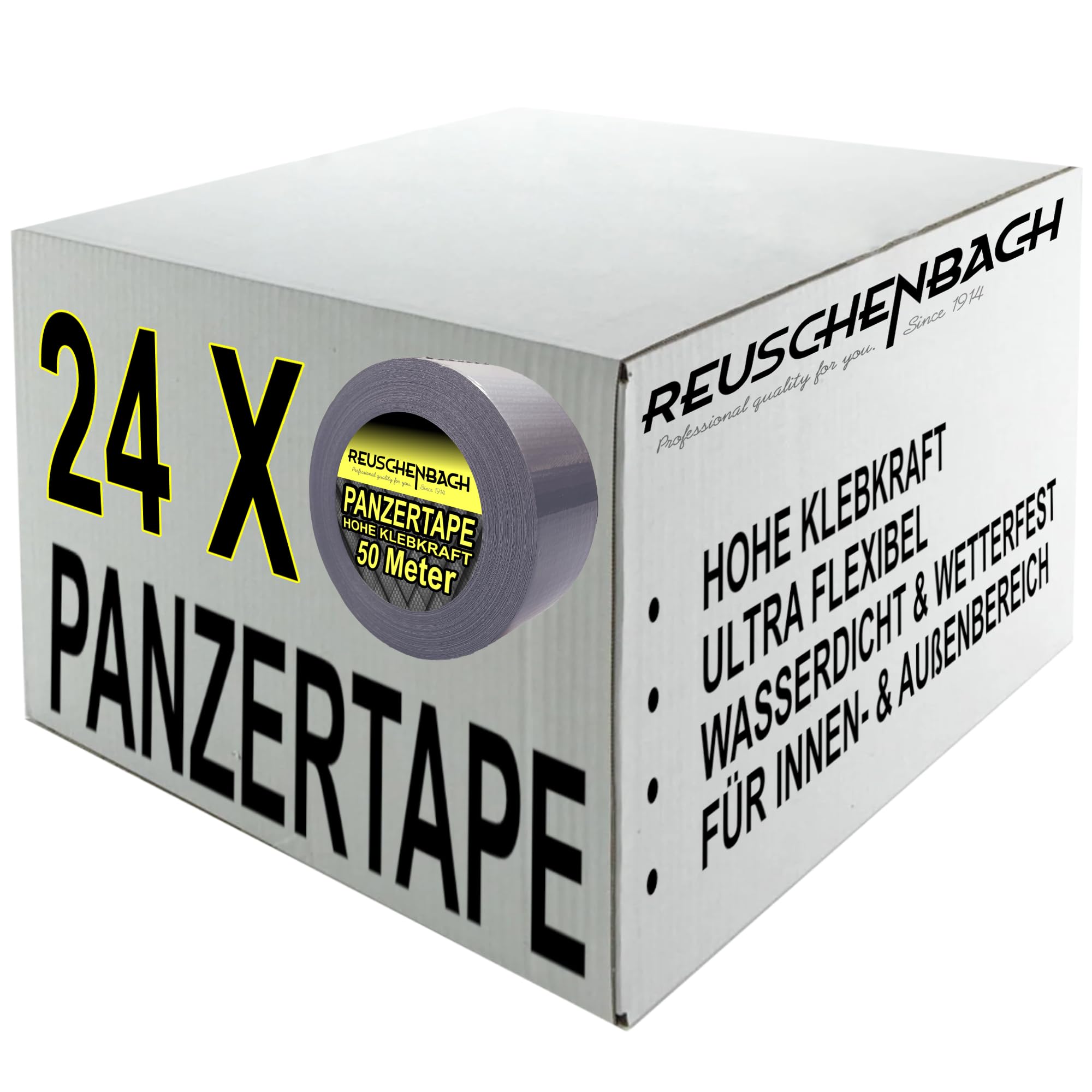 Panzertape Silber Grau 24 Rollen - Gewebeklebeband 48 mm x 50 m, Starkes Duct Tape für Reparaturen und Verpackungen - Wasserfest & leicht per Hand abreißbar