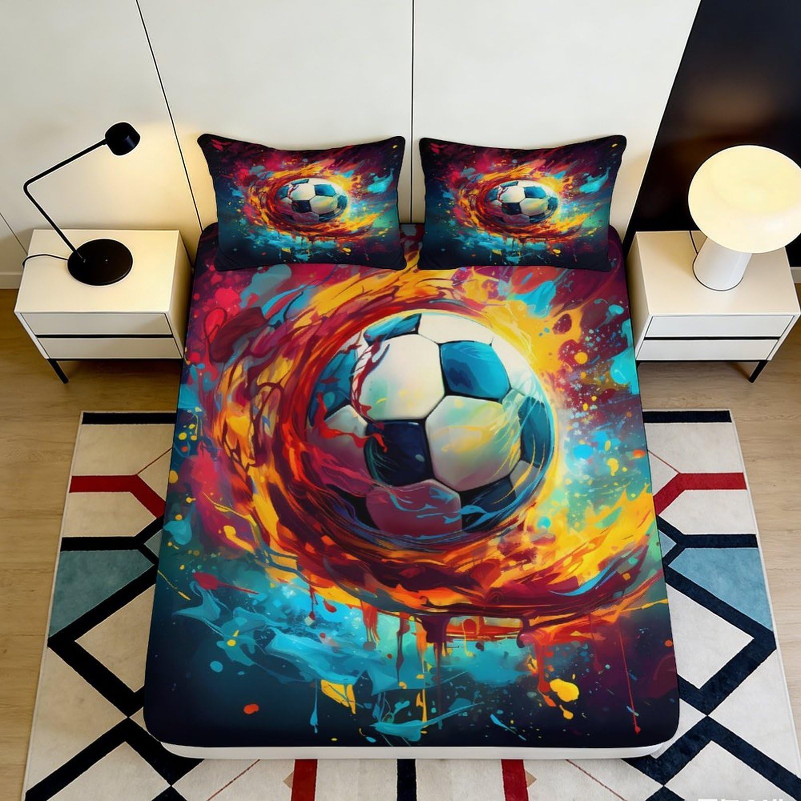 3D Printed Vibrant Soccer Fitted Sheet Microfiber Splash Art Bed Cover for Bedroom Dorm Mattress Protection Decor 90x200x25cm