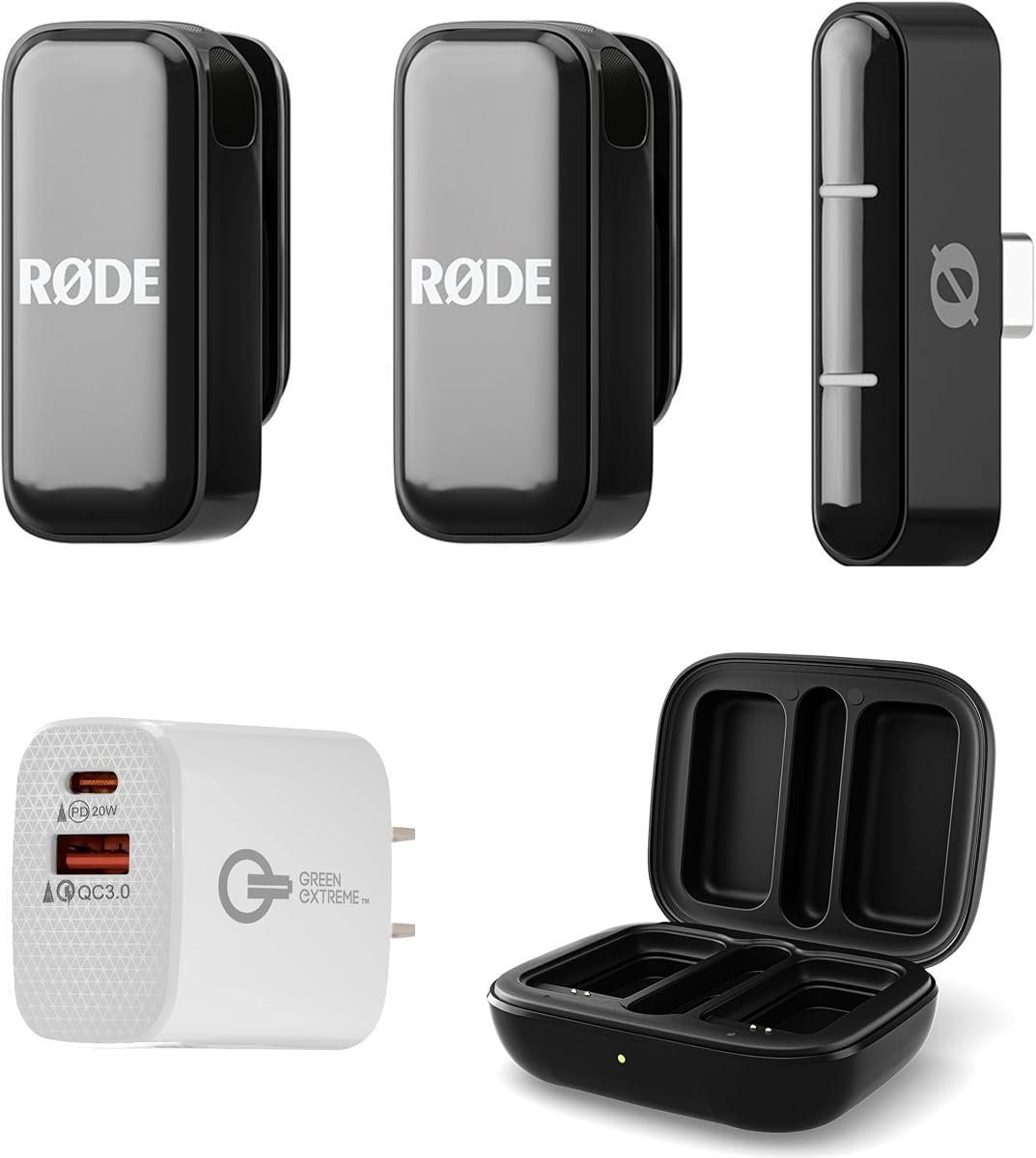Sistema de micrófono inalámbrico micro ultracompacto para 2 personas, conector USB-C negro, paquete con cargador de pared Green Extreme