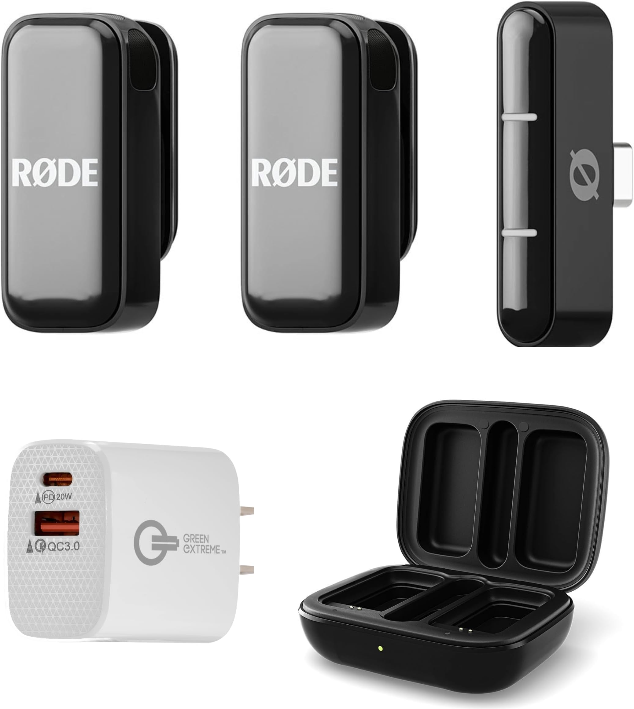 RØDE Wireless Micro - Compact Wireless Microphone, Two Mics with Charge Case for Smartphone Content Creation with Green Extreme 20W 2-Port Wall Charger (USB-C Connector, Black)