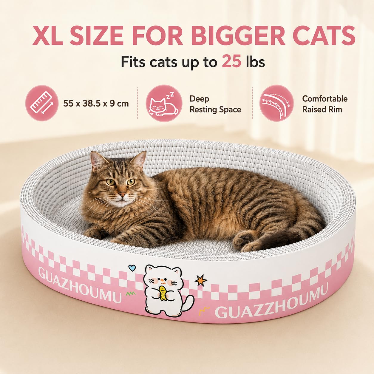 XQLY - Tiragraffi ovale XL, 2 in 1, in cartone ad alta densità, protezione per mobili per gatti da interni, adatto fino a 11,3 kg, 55 x 38,5 x 9 cm