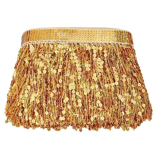 MAYJOYDIY 11 Yards Gold Sequins Fringe Trim 6.69 Inch Sparkling Fringe Tassel Trimming Sequin Tassels Sewing Decoration for Latin Dress Stage Costume Sewing Crafts Party Decoration