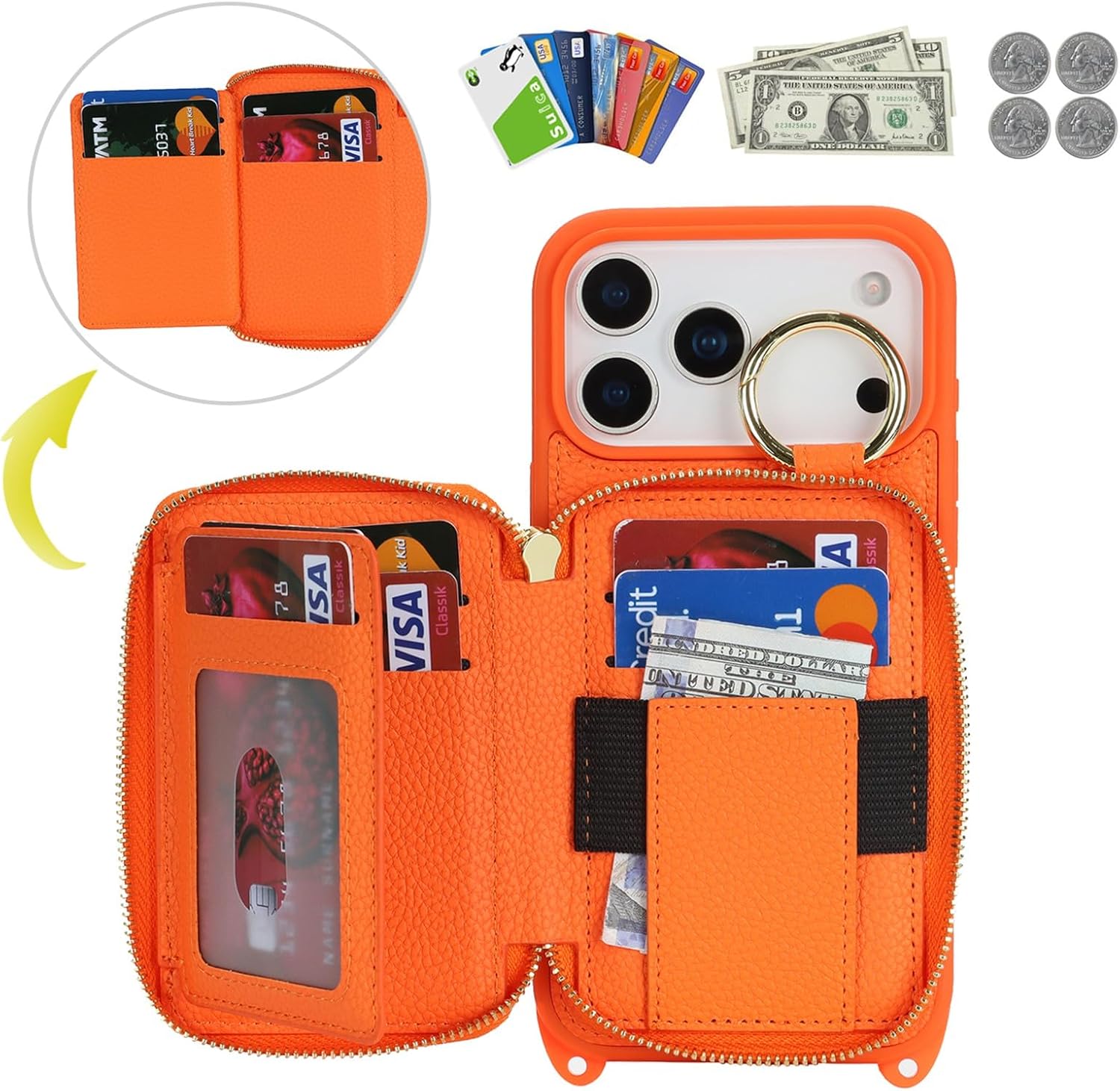Jaorty Crossbody Wallet Case for iPhone 17 Pro Max with Shoulder Stap,Finger Ring, PU Leather Zipper Handbag Purse Flip Cover, Kickstand Folio Case with Card Slots Holder 5G 6.9 Inch, Orange