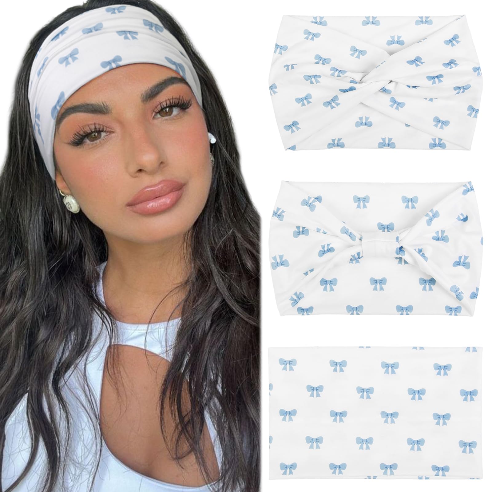 Tobeffect 3 Pcs Extra Wide Bows Headbands for Women, Fashion Cute Turban Head Band for Women Non Slip Knotted Trendy Thick Sport Headband for Workout