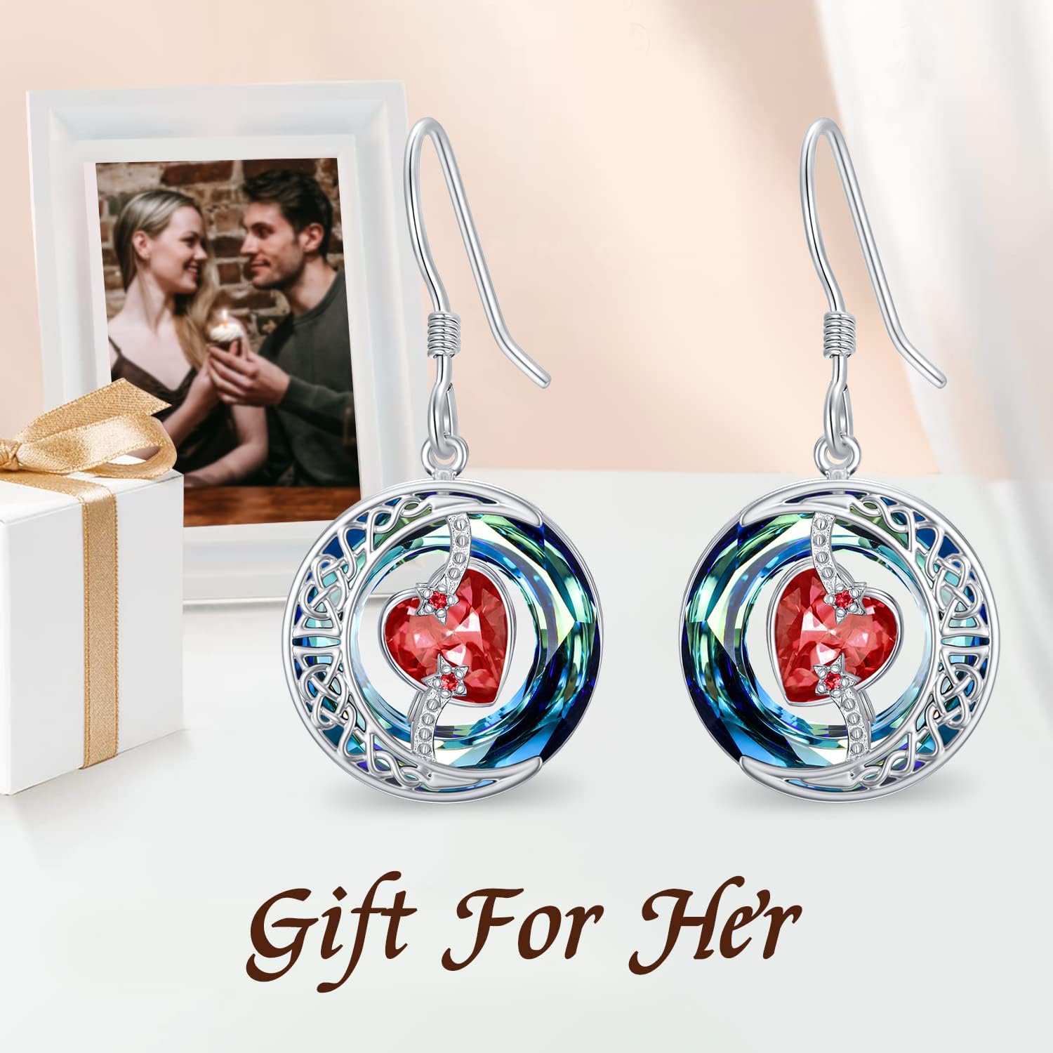 TOUPOP Birthstone Earrings for Women 925 Sterling Silver Moon and Star Dangle Earrings with Blue Crystal Birthday Jewelry Valentines Day Gifts for Her Mom Wife - Image 3