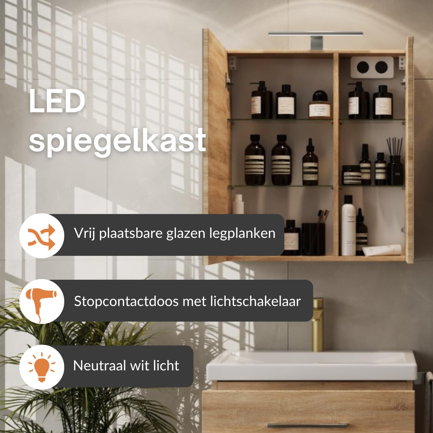 Planetmöbel Astra badkamermeubel set met wastafelonderkast 60 cm, goud eiken antraciet, zonder wastafel met opzetrand, spiegel (met led) 50 cm Planetmöbel Astra badkamermeubel set met wastafelonderkast 60 cm, goud eiken antraciet, zonder wastafel met opzetrand, spiegel (met led) 50 cm