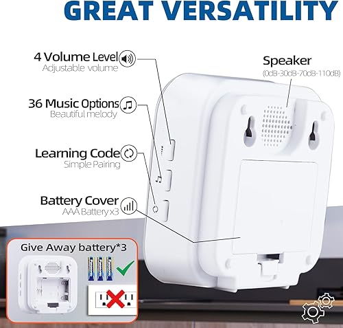 Miniatura 6 de Timbre inalámbrico con pilas, para el hogar, con discapacidad auditiva, de 1200 pies, con 1 botón de timbre y 2 timbres portátiles, 36 tonos de