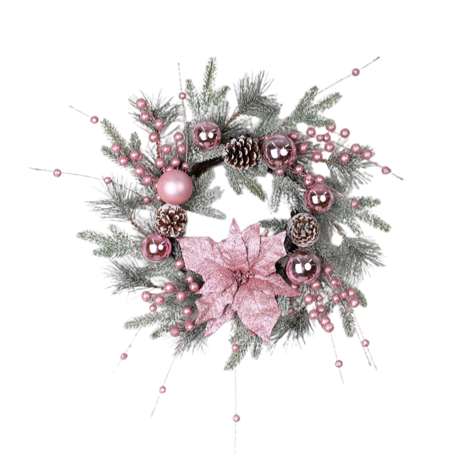 Wnvivi Pink Christmas Wreath for Front Door,Glittery Artificial Poinsettia Swag Garland,Xmas Door Swags,Snow Flocked Pink Christmas Garland for Home Decor (B)