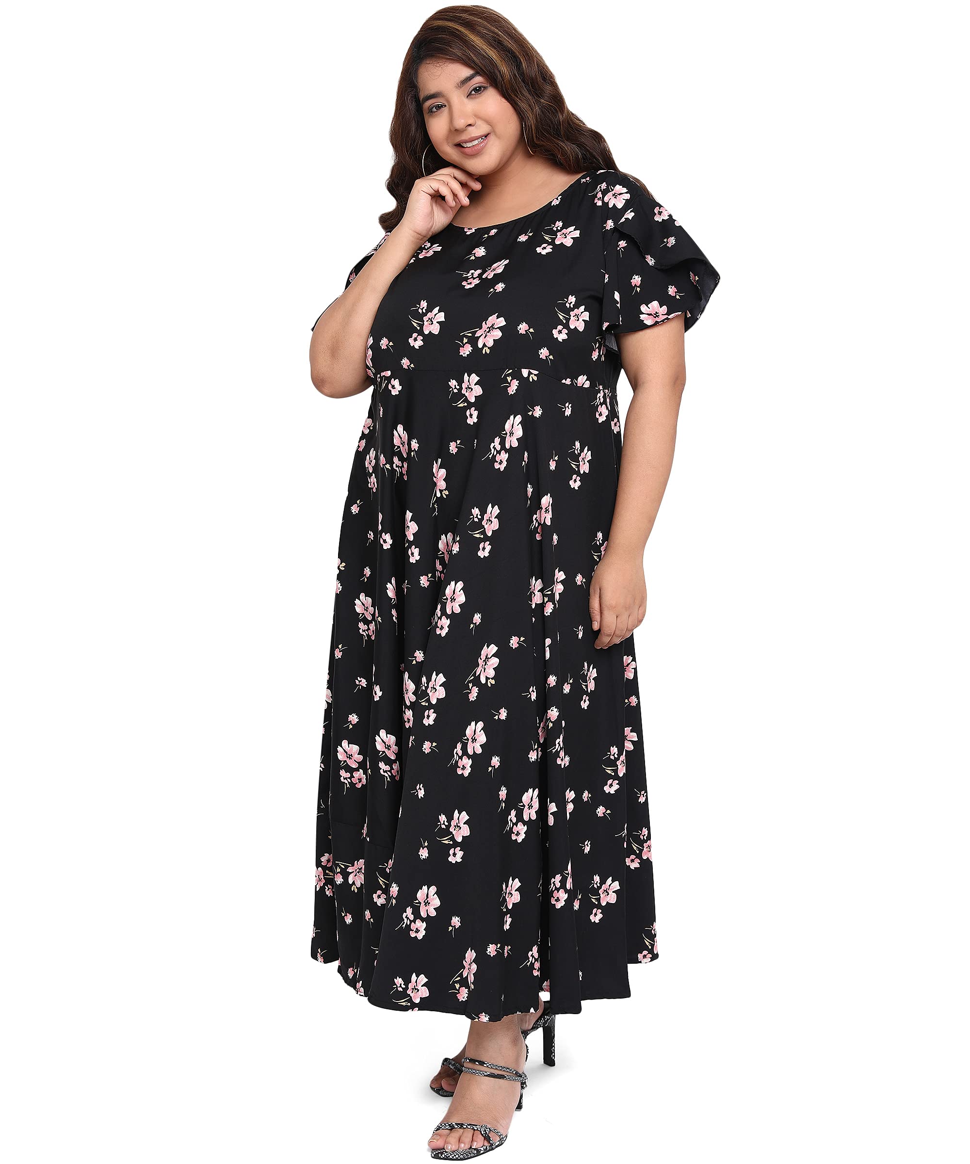 Oomph Women's Western & Fusion Wear Crepe A-Line Maxi Plus Size Dress - Soot Black - Od250_8Xl